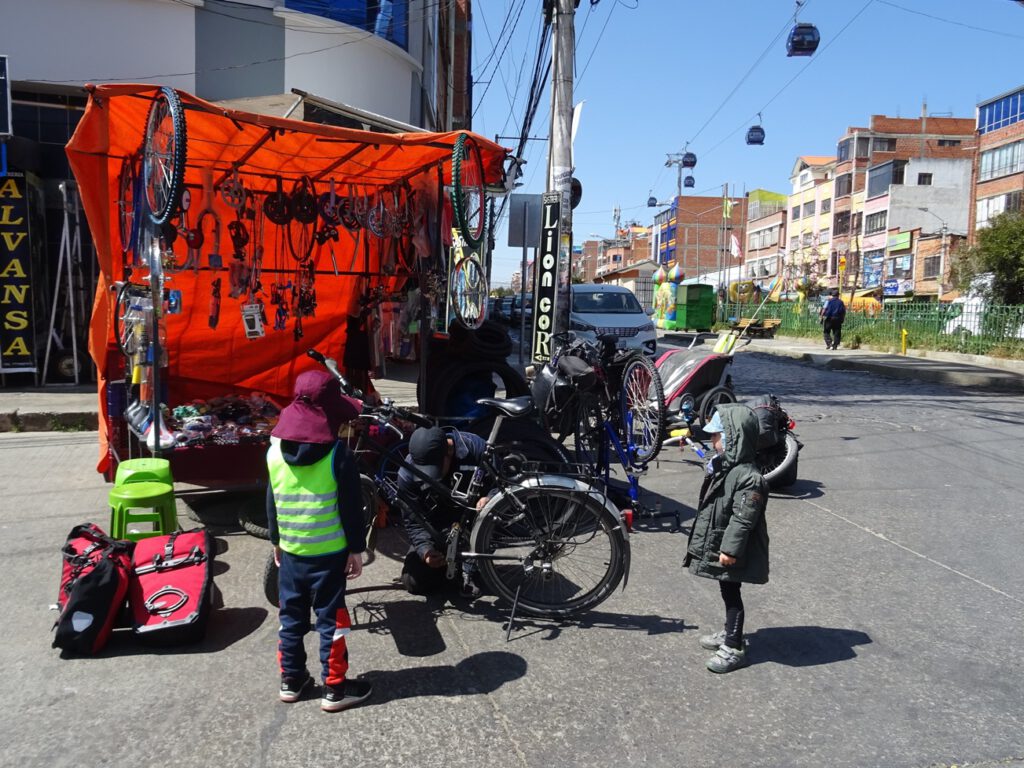 Roadside bike workshop in El Alto